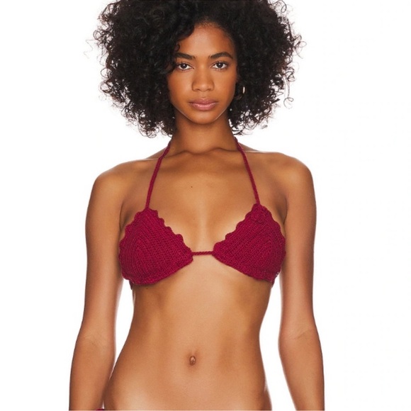 New Frankies Bikinis Chloe Triangle Crochet Knit Bikini Swim Top Ruby Red Large - Picture 1 of 9